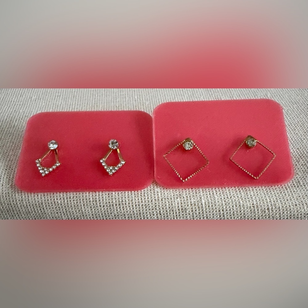 Gold-Tone Geometric Crystal Stud Earrings Set - Pink Display